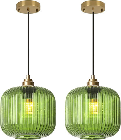 2 Pack Mid Century Modern Green Glass Pendant Light Fixture Brushed Gold Pendant Lights Kitchen Island Adjustable Globe Pendant Lighting for Bedroom Dining Room Entryway