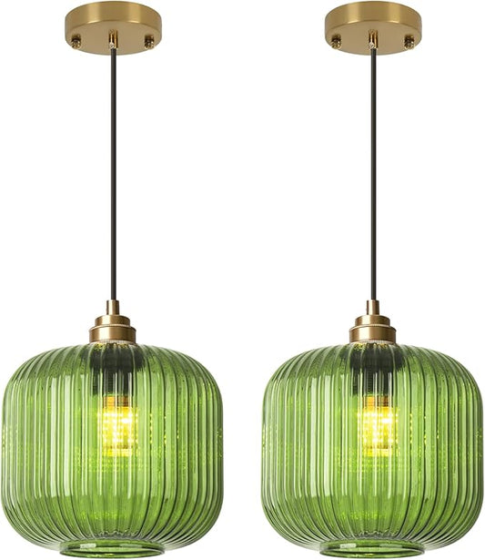 2 Pack Mid Century Modern Green Glass Pendant Light Fixture Brushed Gold Pendant Lights Kitchen Island Adjustable Globe Pendant Lighting for Bedroom Dining Room Entryway
