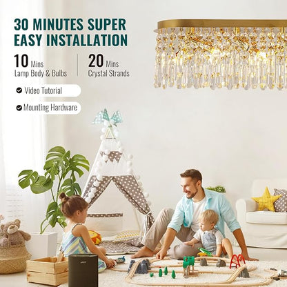 Siljoy 12-Light Modern Gold Crystal Raindrop Chandelier for Dining Room, Luxury Oval Flush Mount Crystal Pendant Ceiling Light Fixture for Living Room Kitchen Island Bar L47''xW11''xH10.6''