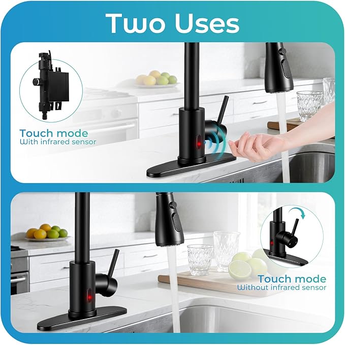 Touchless Kitchen Faucet with Pull Down Sprayer - Matte Black Single Handle Kitchen Faucets, High Arc Stainless Steel Pull Out Kitchen Sink Faucet with Deck for RV Laundry Farmhouse Bar