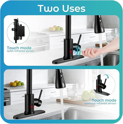 Touchless Kitchen Faucet with Pull Down Sprayer - Matte Black Single Handle Kitchen Faucets, High Arc Stainless Steel Pull Out Kitchen Sink Faucet with Deck for RV Laundry Farmhouse Bar
