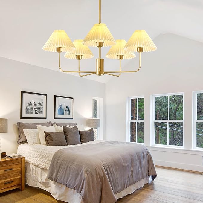 Gold Chandelier Light Fixture, 5-Lights Mid Century Chandelier with Shades for Dining Room Light Fixture, Adjustable Height White Pleated Farmhouse Pendant Light for Bedroom Ceiling Lamp