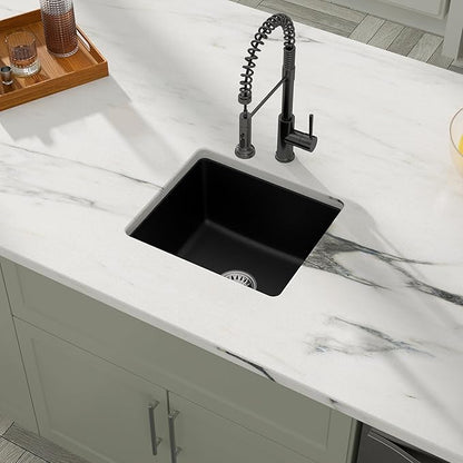 Dcolora Undermount Quartz Composite Prep Sink, 18"x16" Single Bowl Wet Bar Sink, Matte Black Small Kitchen Sink for Island & Bar, Farmhouse Design, #DC-GU7746