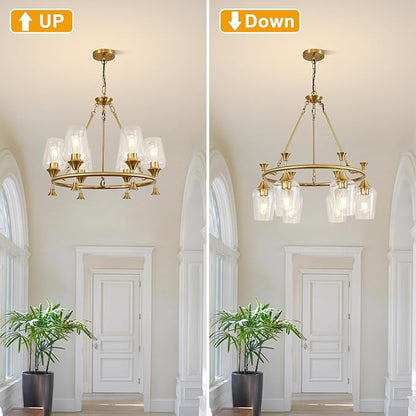 25" Gold Chandelier, 6-Light Farmhouse Chandeliers for Dining Room Light Fixtures Over Table, Modern Industrial Hanging Lighting with Clear Glass Shade for Living Room Bedroom Foyer Kitchen Island