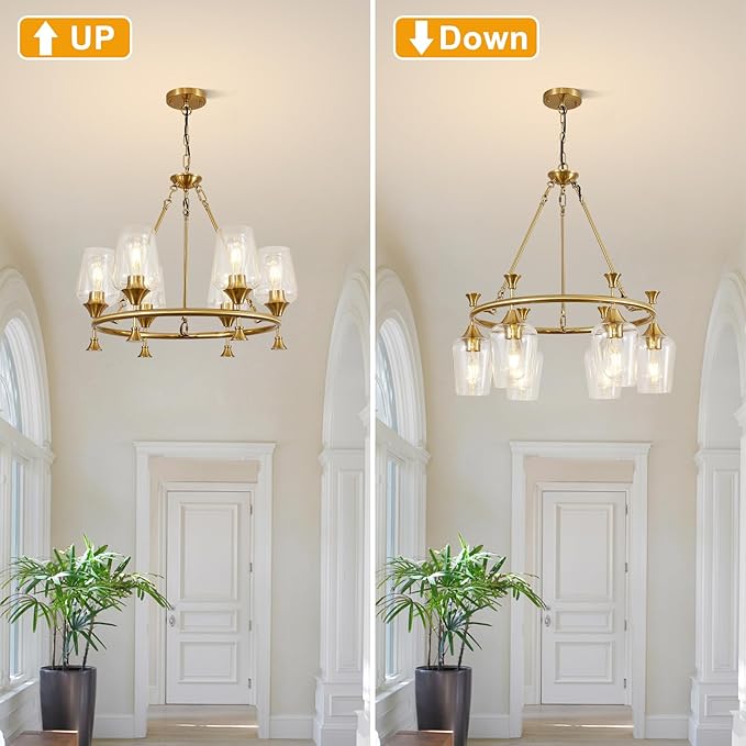 Modern Chandelier for Dining Room (25inch, 6-Light), Brushed Gold Dining Room Light Fixture Over Table with Clear Glass Shade, Industrial Hanging Pendant Lights Fixture for Kitchen Island Entryway