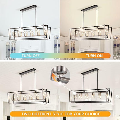 Farmhouse Dining Room Light Fixture/Chandelier Over Table, 12-Light Kitchen Island Lighting, Rectangle Pendant Lights Kitchen Island, Black and Sliver Hanging Chandeliers for Dining Room