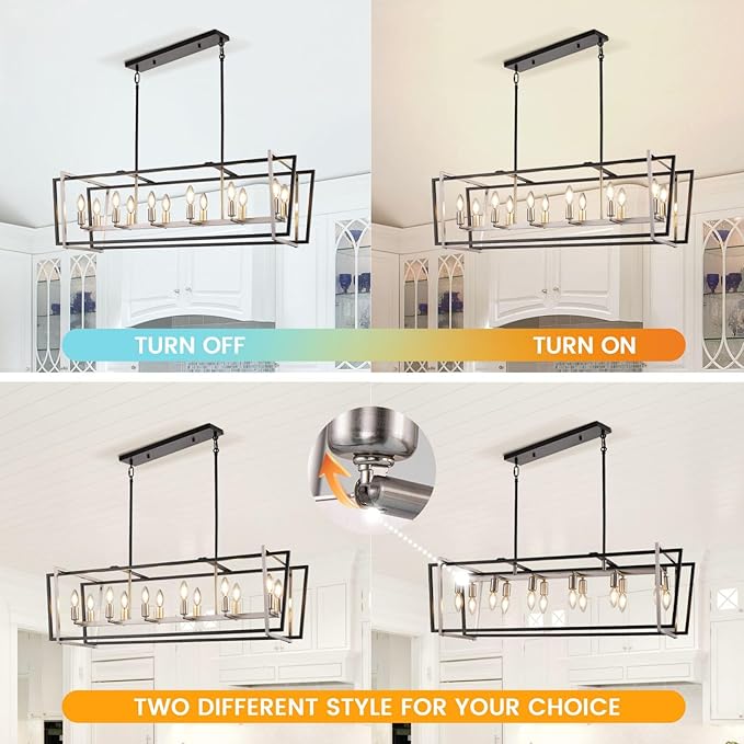 WJShome Dining Room Light Fixture/Chandelier Over Table, 12-Light Kitchen Island Lighting, 40" Hanging for Farmhouse Linear Chandeliers Modern Black and Brushed Nickel Ceiling Pendant Light Fixtures