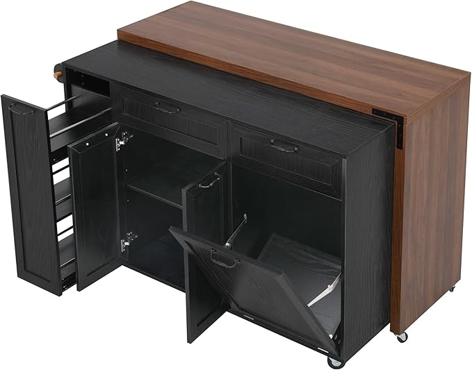 Kitchen Island with Extendable Dining Table Rolling Cart with Trash Storage Cabinet and 3-Tier Pull-Out Spice Rack for Dining Room Practical(Black)