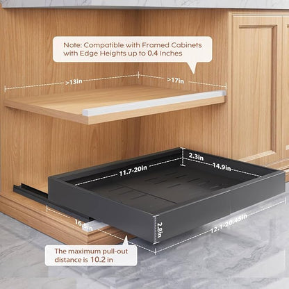 Seinloes 2 Pack Pull Out Cabinet Organizers 16.5" Deep With Raising Pad for Framed Cabinets,Expandable Slide Out Drawers Upgrade 3 Slide Rails,Roll Out Shelves,Adjustable Width 12.1"-20.45" Black