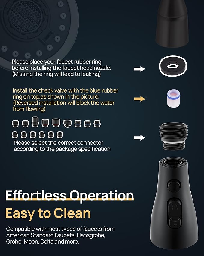 Pull Down Kitchen Faucet Sprayer Head Replacement Part with 15 Connectors, 3 Function Pull Out Sink Sprayer Replacement Nozzle, Kitchen Faucet Head Hose Spray Tap Spout, Matte Black