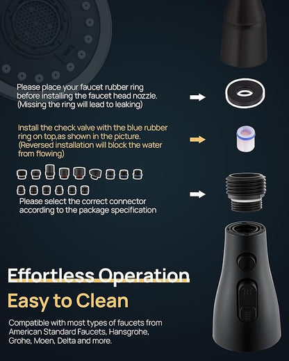 Pull Down Kitchen Faucet Sprayer Head Replacement Part with 15 Connectors, 3 Function Pull Out Sink Sprayer Replacement Nozzle, Kitchen Faucet Head Hose Spray Tap Spout, Matte Black
