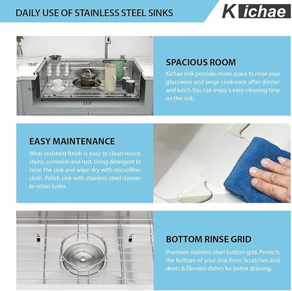 Kichae 33x19 Drop In Kitchen Sink Waterfall - Workstation Kitchen Sink Waterfall Stainless Steel 16 Gauge Luxury Handmade Single Bowl Sinks with Faucet Combo & Glass Rinser