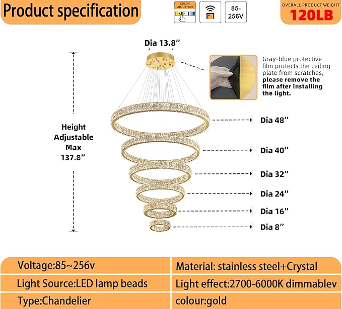 Extra Large Ring Chandelier Modern LED Gold 6 Ring Chandelier for High Ceiling Long Stair Crystal Chandeliers D8+15.7"+23.6"+31.5"+39.4"+47.5"