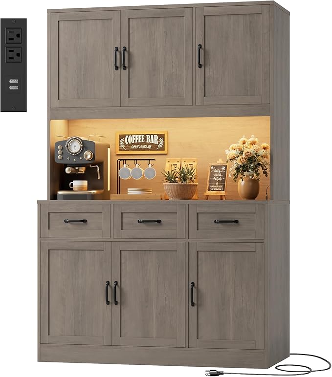 HOSTACK 72" Tall Kitchen Pantry Cabinet with Charing Station | LED Lights, 47" W Kitchen Pantry Storage Cabinet with Countertop, Modern Kitchens Hutch Cabinets with Storage for Dining Room, Ash Gray