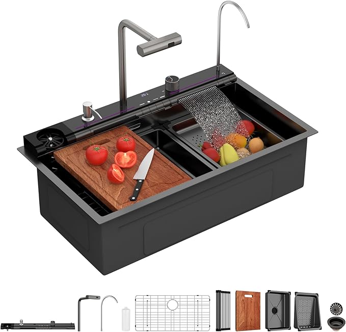 Lordear Drop In Kitchen Sink, 33 inch Black Waterfall Sink 16 Gauge Stainless Steel, Above Counter Smart Kitchen Sinks, Single Bowl with Integrated Control for Powerful Cleaning