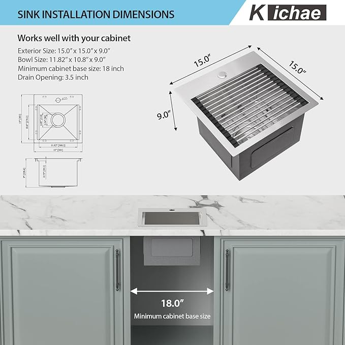 Kichae Drop In Bar Sink- 15 x 15 Small RV Sink Topmount 16 Gauge Stainless Steel Single Bowl Ledge Workstation Wet Bar Prep Kitchen Sinks Patio Handmade Basin with Cutting Board & Rack