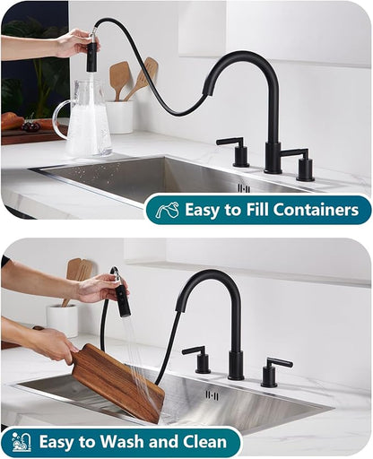Tohlar 3 Holes Kitchen Faucet Black, 2 Handle Kitchen Sink Faucets, Black Kitchen Faucet with Pull Down Sprayer, Kitchen Sink Faucets Matte Black Stainless Steel Faucet for Kitchen Sink