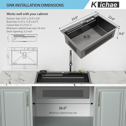 Kichae 33 Black Kitchen Sink Drop In Waterfall - 33x22 Drop Sink Stainless Steel 16G Single Bowl Waterfall Kitchen Sink Workstation Handmade with Faucet & Glass Rinser
