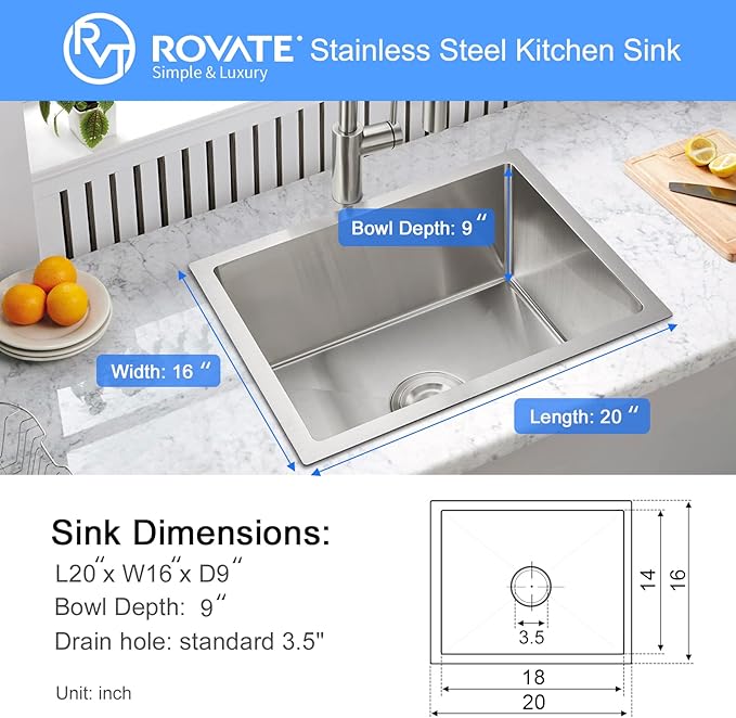 ROVATE 20 x 16 x 9 inch Kitchen Sink Undermount Single Bowl, Bar or Kitchen Sink Handmade, 304 Stainless Steel Kitchen Sinks with Strainer