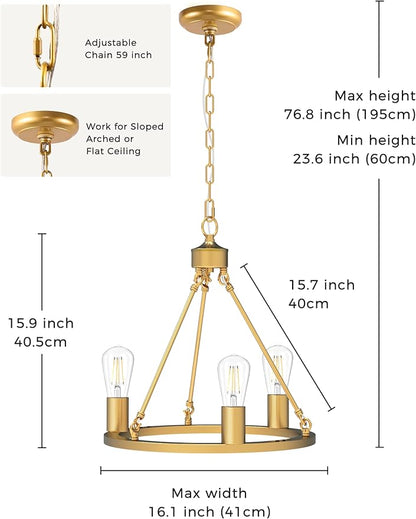 L LOHAS LED Gold Farmhouse Chandeliers for Dining Room, 3-Light Wagon Wheel Chandelier Over Table, Height Adjustable, 16" Dining Room Light Fixtures, Modern Chandelier for Kitchen Island Living Room