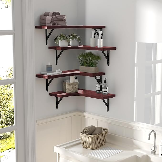 ROMGUAR CRAFT Corner Floating Shelves Wall Mounted Set of 4, Rustic Wood Storage Display Wall Shelves for Home Decor, Bathroom, Kitchen, Bedroom, Living Room, Office (Red)