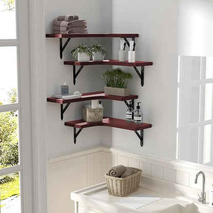 ROMGUAR CRAFT Corner Floating Shelves Wall Mounted Set of 4, Rustic Wood Storage Display Wall Shelves for Home Decor, Bathroom, Kitchen, Bedroom, Living Room, Office (Red)