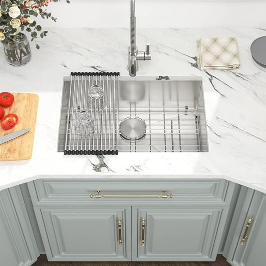 Kichae 27 Inch Undermount Kitchen Sink 27 x18 Inch Kitchen Sink Stainless Steel 16 Gauge Deep Single Bowl Round Corner Handmade Basin
