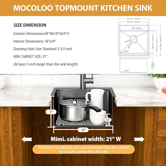 Mocoloo 18 Inch Drop-in Kitchen Sink with Faucet, Black Stainless Steel Bar Sink - 18x18x9 Inch Small Topmount Single Bowl Workstation with Pull-Out Faucet