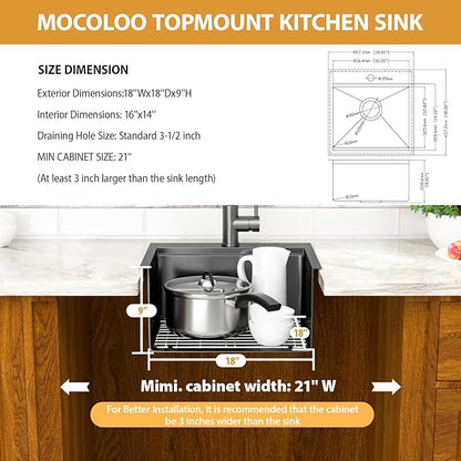 Mocoloo 18 Inch Drop-in Kitchen Sink with Faucet, Black Stainless Steel Bar Sink - 18x18x9 Inch Small Topmount Single Bowl Workstation with Pull-Out Faucet