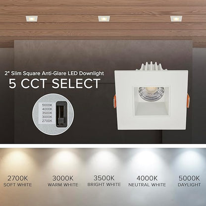 Maxxima 2 in. Ultra-Thin Recessed Anti-Glare LED Downlight - Canless IC Rated, 500 Lumens, 5 Color Temperature Selectable 2700K/3000K/3500K/4000K/5000K, Dimmable Square Stone Gray Trim, 90 CRI