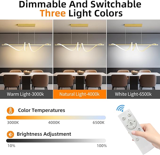 Modern LED Gold Pendant Light, 57IN Ceiling Chandelier Fixtures Dimmable with Remote Control 3000k-6500K Adjustable Color Temperature, Aluminum Island Lighting Lamp for Dining Room, Living Room