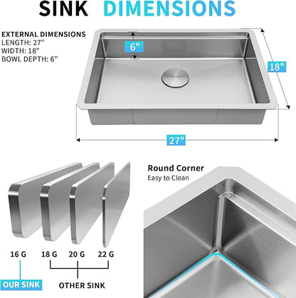 Undermount Kitchen Sink 27 x 18 Inch, 16 Gauge T-304S Stainless Steel Workstation Sinks with Ledge & Accessories, 27" x 18" x 6" ADA-Compliant Kitchen Sink, 6 Inch Deep RV Kitchen Sink