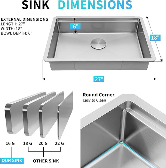 Undermount Kitchen Sink 27 x 18 Inch, 16 Gauge T-304S Stainless Steel Workstation Sinks with Ledge & Accessories, 27" x 18" x 6" ADA-Compliant Kitchen Sink, 6 Inch Deep RV Kitchen Sink