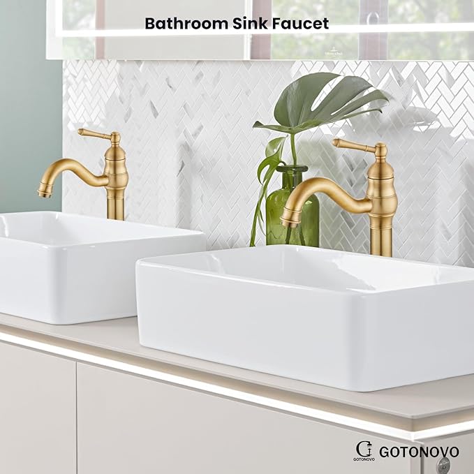 gotonovo Vessel Sink Faucet 360° Swivel Spout Single Handle Tall Bathroom Faucet 1 Hole Farmhouse Lavatory Washbasin Mixer Tap Matching Supply Hoses, Without Pop Up Drain, Antique Brass