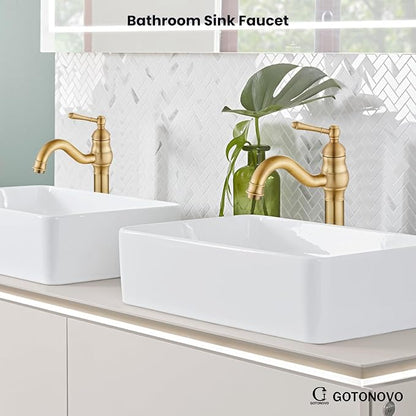 gotonovo Vessel Sink Faucet 360° Swivel Spout Single Handle Tall Bathroom Faucet 1 Hole Farmhouse Lavatory Washbasin Mixer Tap Matching Supply Hoses, with Pop Up Drain, Antique Brass