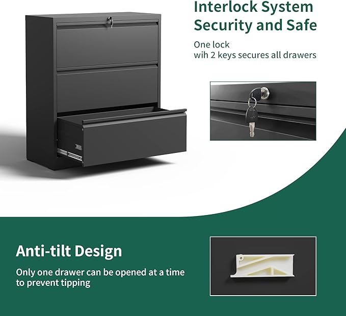 Lateral 3 Drawer File Cabinet with Lock, Metal Large-capacity Fully Extendable Drawers for Home Office, Adjustable Hanging Rods for A4/Legal/Letter Sizes, Anti-tipping Design, Require Assembly, Black