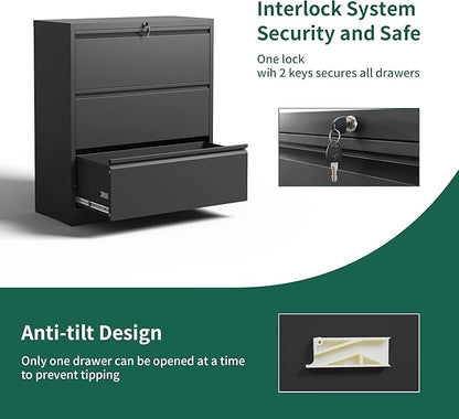 Lateral 3 Drawer File Cabinet with Lock, Metal Large-capacity Fully Extendable Drawers for Home Office, Adjustable Hanging Rods for A4/Legal/Letter Sizes, Anti-tipping Design, Require Assembly, Black