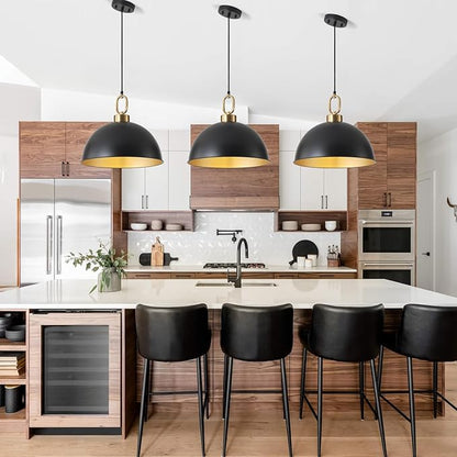 16.1" Large Farmhouse Pendant Lights Kitchen Island, Industrial Dome Pendant Light Fixture, Matte Black with Gold Handle Adjustable Height Hanging Island Light for Dining Room,Kitchen,Cafe