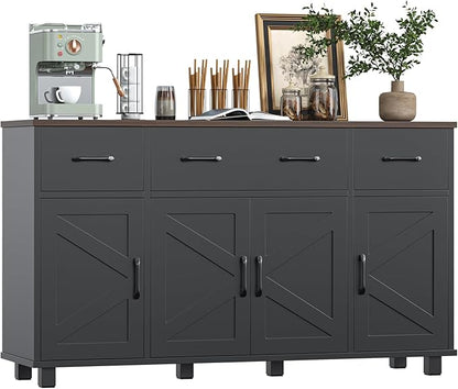 VVFLU 55" Sideboard Buffet Cabinet with Storage, Coffee Bar Cabinet with 3 Drawers and 4 Barn Doors, Long Storage Cabinet Modern Farmhouse, Black Wood, for Kitchen, Dining Room, Living Room
