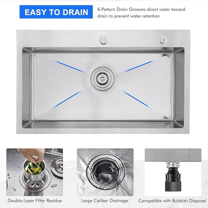 MENATT 28x18 Inch Drop in Kitchen Sink, 304 Stainless Steel Single Bowl with Dual Faucet Holes & Bottom Grid Mat, X-Shape Drain, 9" Deep for Large Kitchen, Wet Bar, Laundry Room