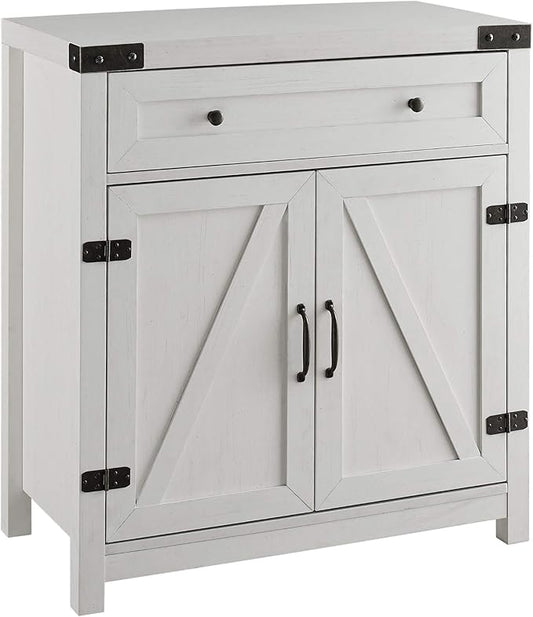 Walker Edison Farmhouse Double Barn Door Accent Kitchen Storage Cabinet Pantry with 1 Drawer, 30 Inch, Brushed white