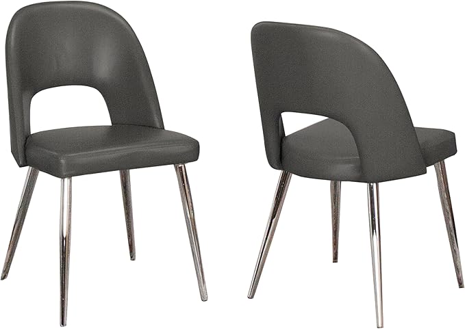 Sunset Trading Mia Faux Leather Dining Chair | Polished Chrome Silver Tapered Legs | Charcoal Gray Padded Seat with Arched Open Back | Set of 2 | Contemporary, Mid-Century Modern Kitchen Sidechairs