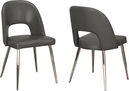 Sunset Trading Mia Faux Leather Dining Chair | Polished Chrome Silver Tapered Legs | Charcoal Gray Padded Seat with Arched Open Back | Set of 2 | Contemporary, Mid-Century Modern Kitchen Sidechairs