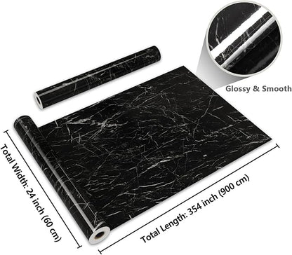 CRE8TIVE 24"x354" Black Marble Contact Paper Large Size Black Marble Peel and Stick Wallpaper Self Adhesive Waterproof Wide Black Wall Paper Removable for Kitchen Countertop Bedroom Walls Cabinets