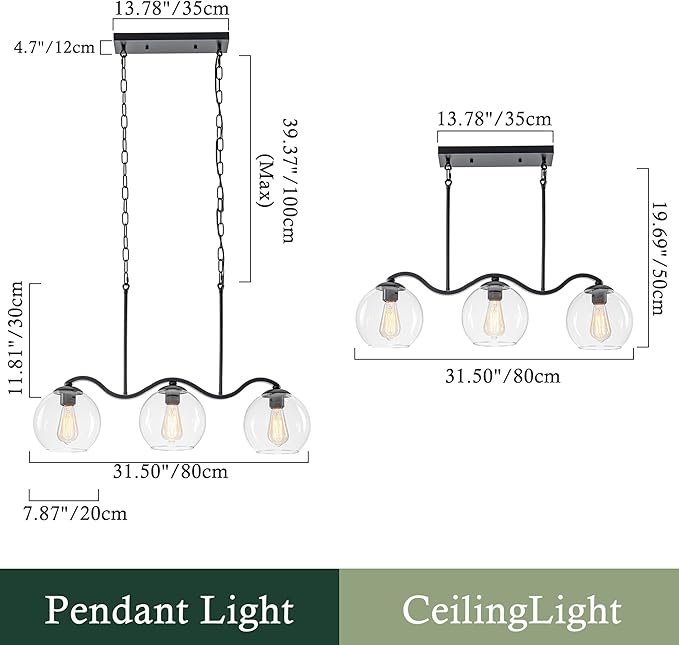 Farmhouse Linear 3-Light Black Chandelier with Wavy Arms, Kitchen Island Pendant Light Fixture with Clear Glass Globe Shades, Ceiling Hanging Lighting for Dining Room Table, Bar