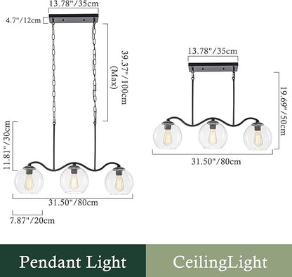 Farmhouse Linear 3-Light Black Chandelier with Wavy Arms, Kitchen Island Pendant Light Fixture with Clear Glass Globe Shades, Ceiling Hanging Lighting for Dining Room Table, Bar