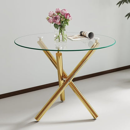 Pvillez 36“ Round Dining Table for 4, Contemporary Tempered Glass Dining Table, Small Dinner Table with Gold Cross Metal Base, Round Clear Kitchen Table Writing Desk for Dining Kitchen