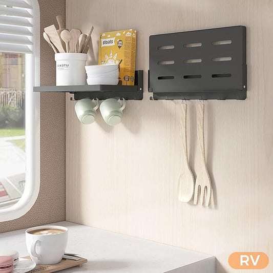 Small Folding Wall Shelf with Hooks, Wall Mounted 2 Folding Metal Shelves, Fold Up 90° and 6 Hooks, Practical Wall Shelf for Rv, Utility Room, Laundry Room, Garage, Black（11.8", 2 Pack）