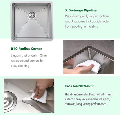 Undermount Kitchen Sink, 21 x 18 x 10 Inch Single Bowl Sink 16 Gauge T-304 Stainless Steel Kitchen Sinks with Accessories