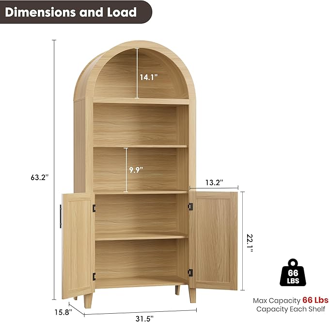 IDEALHOUSE Arched Kitchen Pantry Cabinet with Doors - 5-Tier Open Display Shelf with Nice Texture, Farmhouse Storage Cabinet for Kitchen, Dining Room, Living Room, Natural